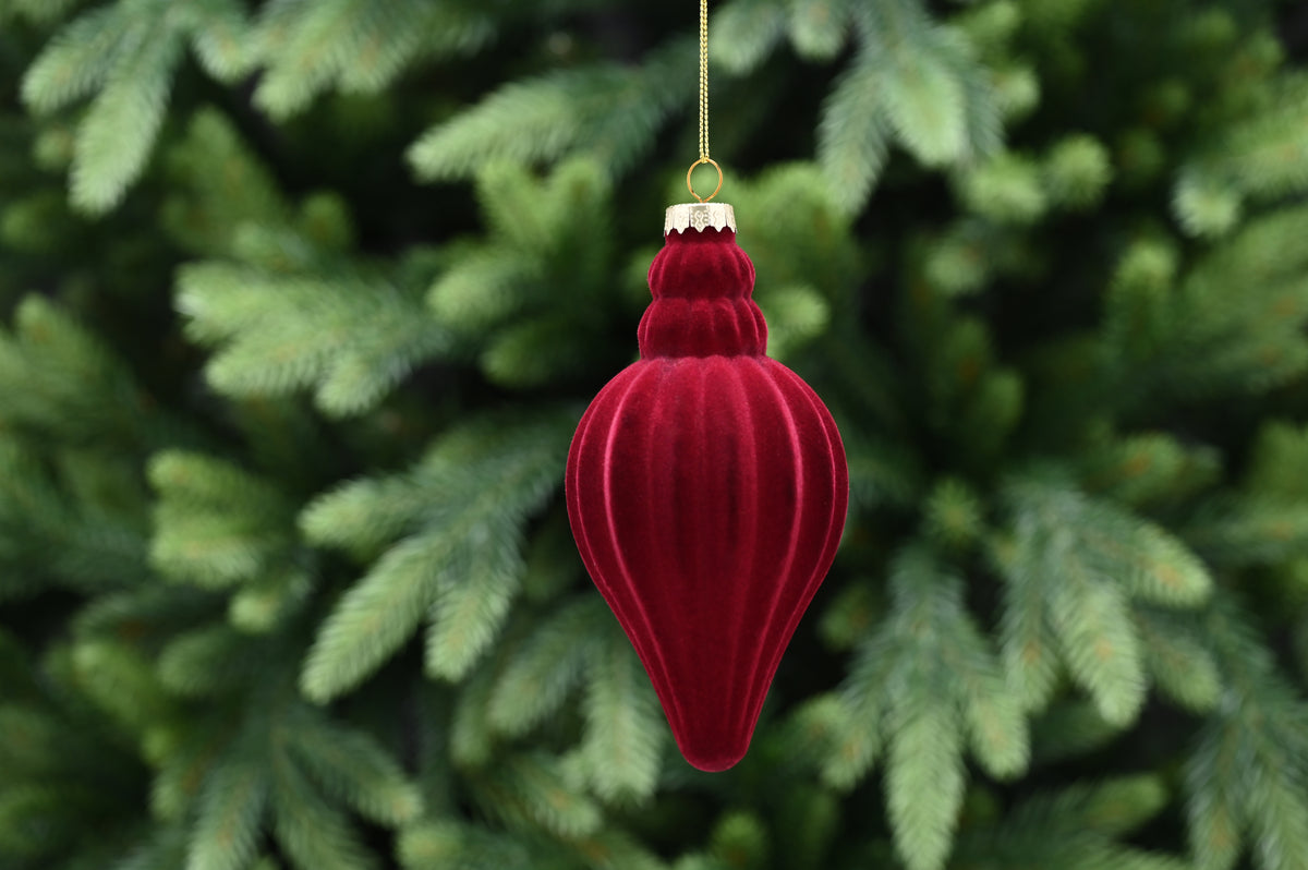 Red Flocked Glass Teardrop Christmas Tree Bauble - 14cm