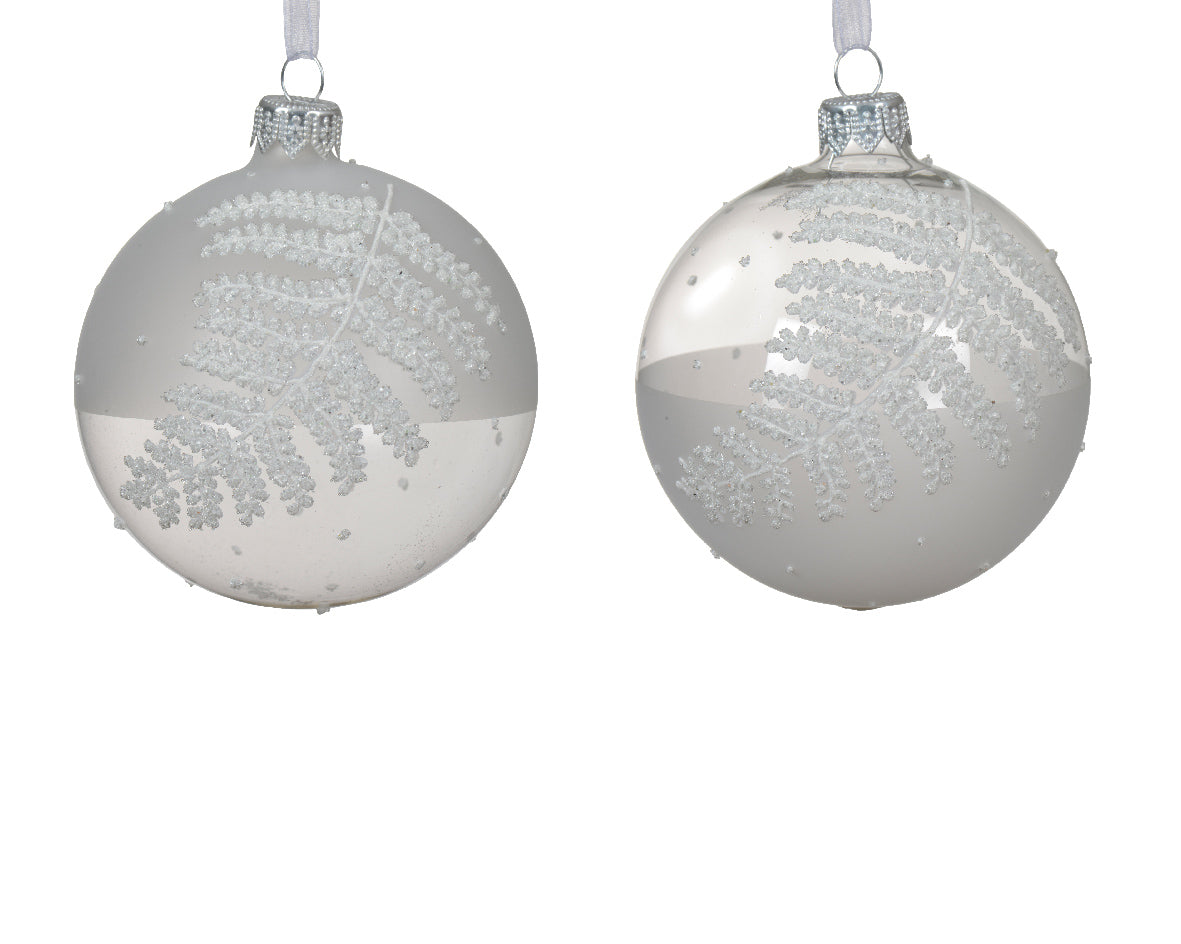 Winter White Bauble with Glitter Fern Detailing - 8cm