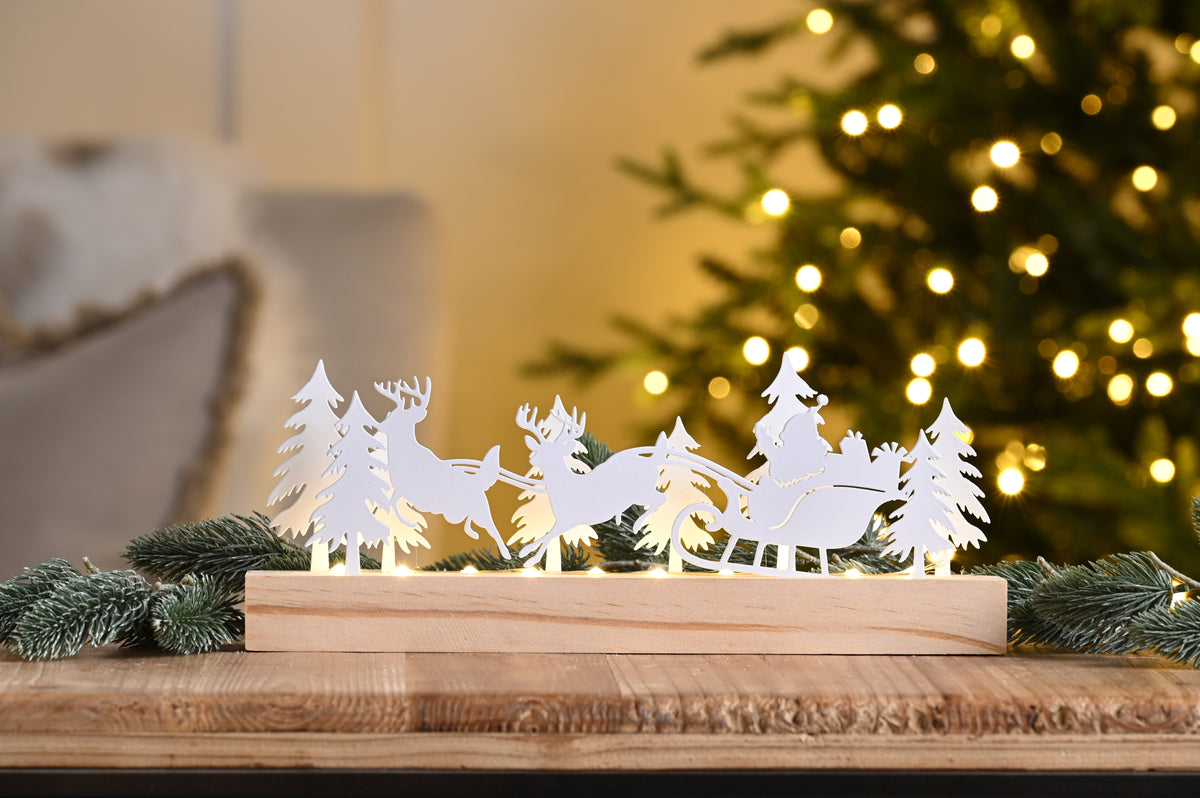 Light Up White Wooden Tree Reindeer Scene