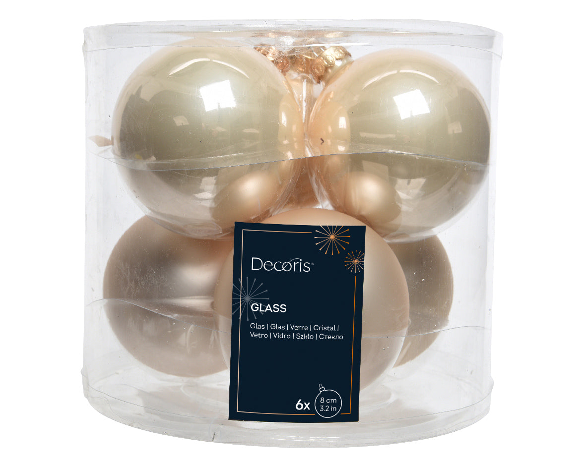 Pearl Mixed Matt and Shiny 8cm Glass Baubles - Tube of 6