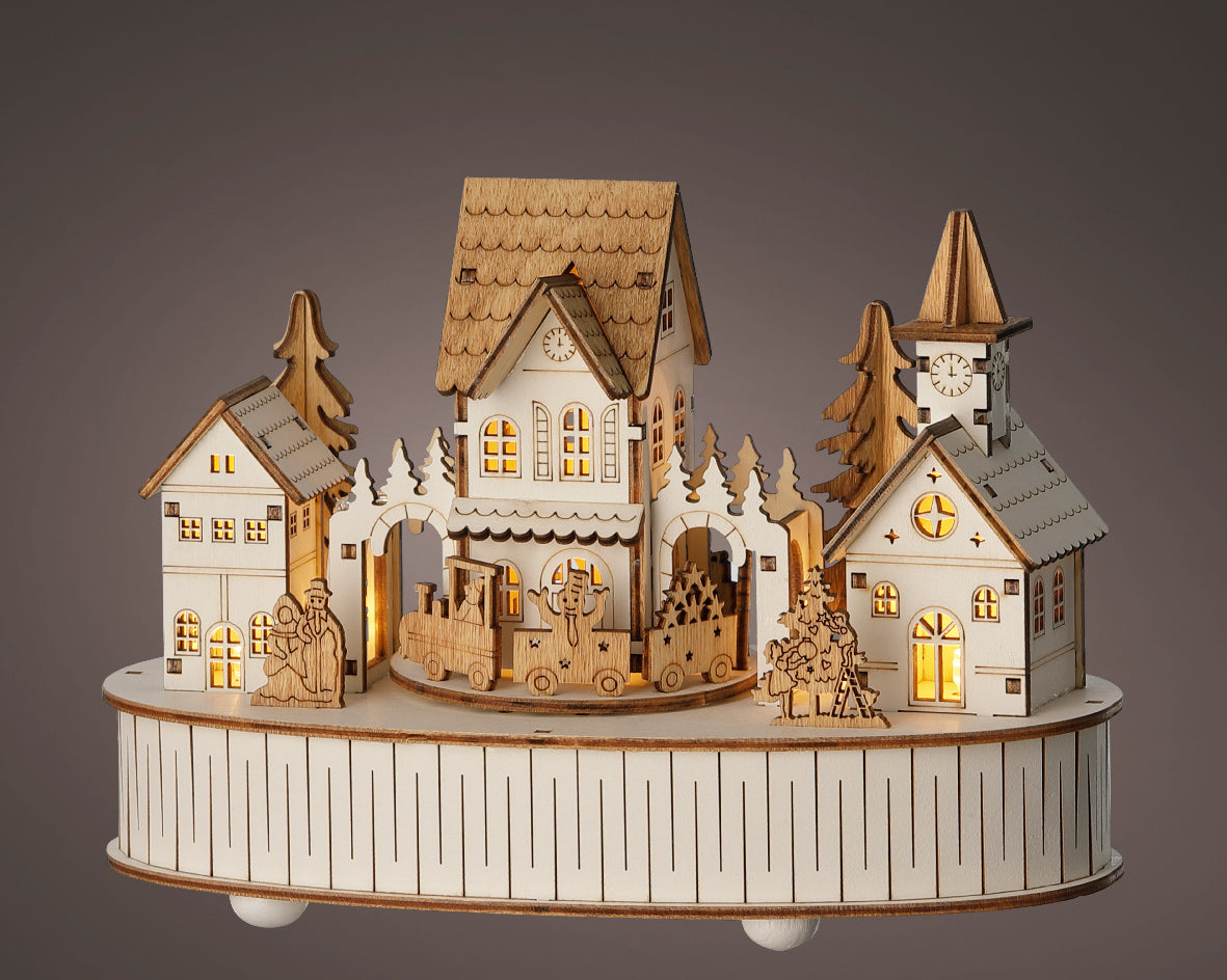 Wooden Warm White Light Up Christmas House Scene with Music & Motion - Battery Operated