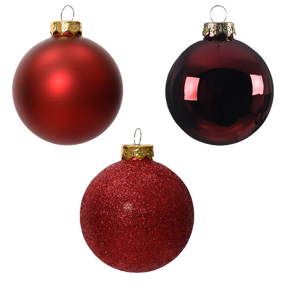 Oxblood Dark Red Assorted Size Glass Baubles in Shiny, Matt & Glitter Mix - Box of 42