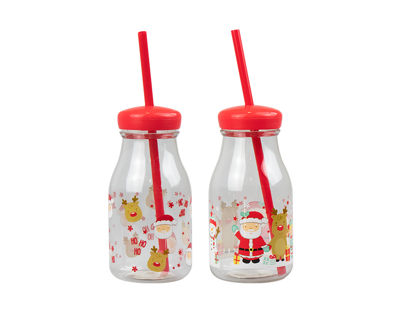 Novelty Christmas Kids Plastic Milk Jar & Straw Cup