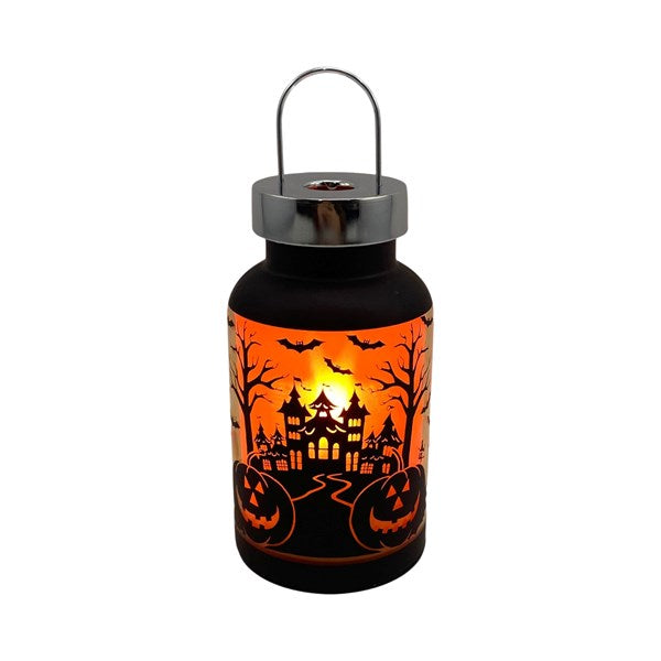 Black & Orange LED Halloween Lantern with Spooky Scene - 24cm