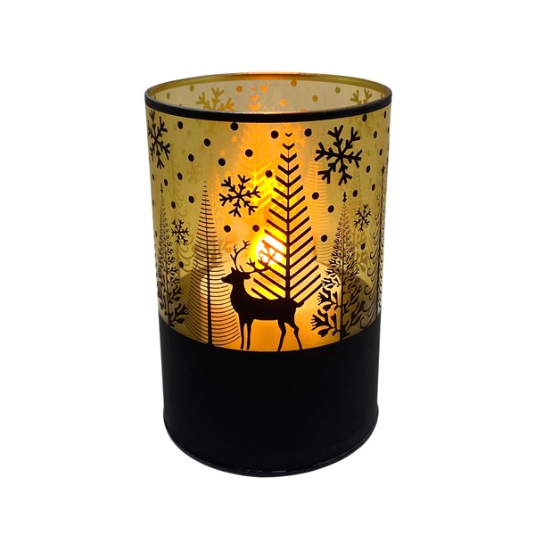 Light Up Black Reindeer Column with Flame Effect - 15cm