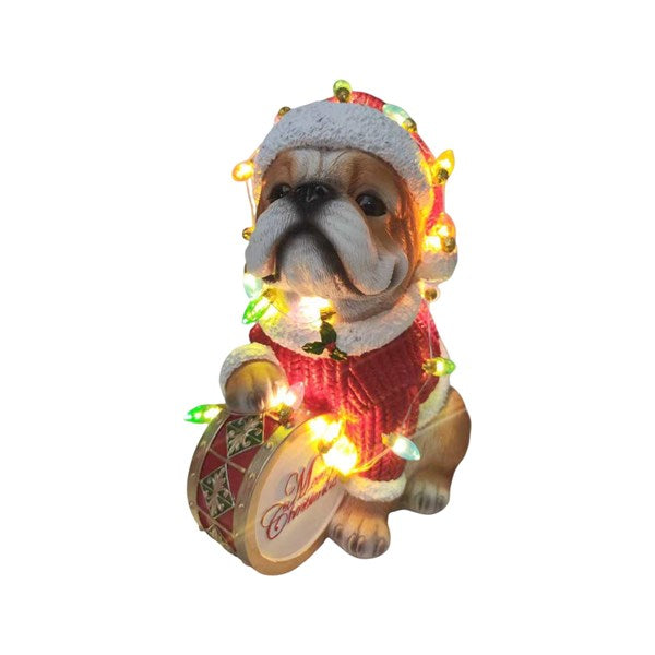 Light Up Christmas Bulldog with Drum Ornament - 23cm