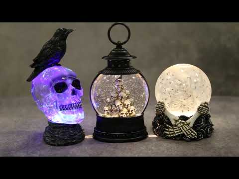 Halloween Skull LED Water Spinner with Crow 23cm