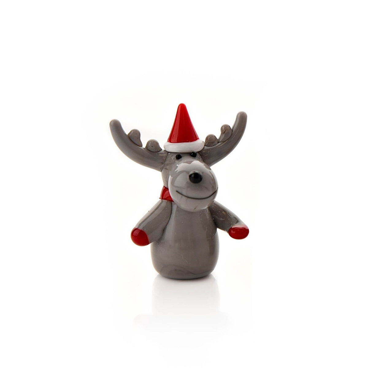 Small Glass Grey Reindeer with Christmas Hat & Scarf Hand Blown