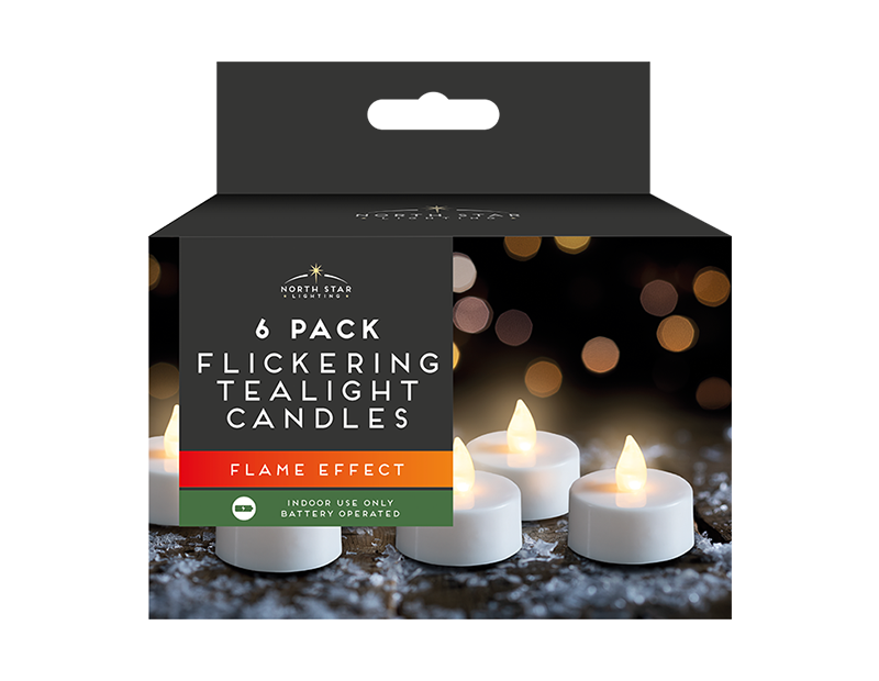 Pack of 6 White Flickering Tea Lights Battery Operated