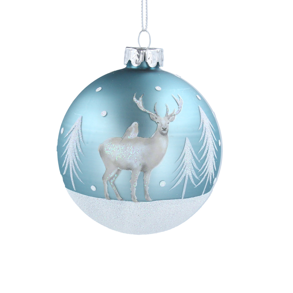 Gisela Graham - Matt Pale Blue Glass Ball with Stag Christmas Tree Decoration / Bauble