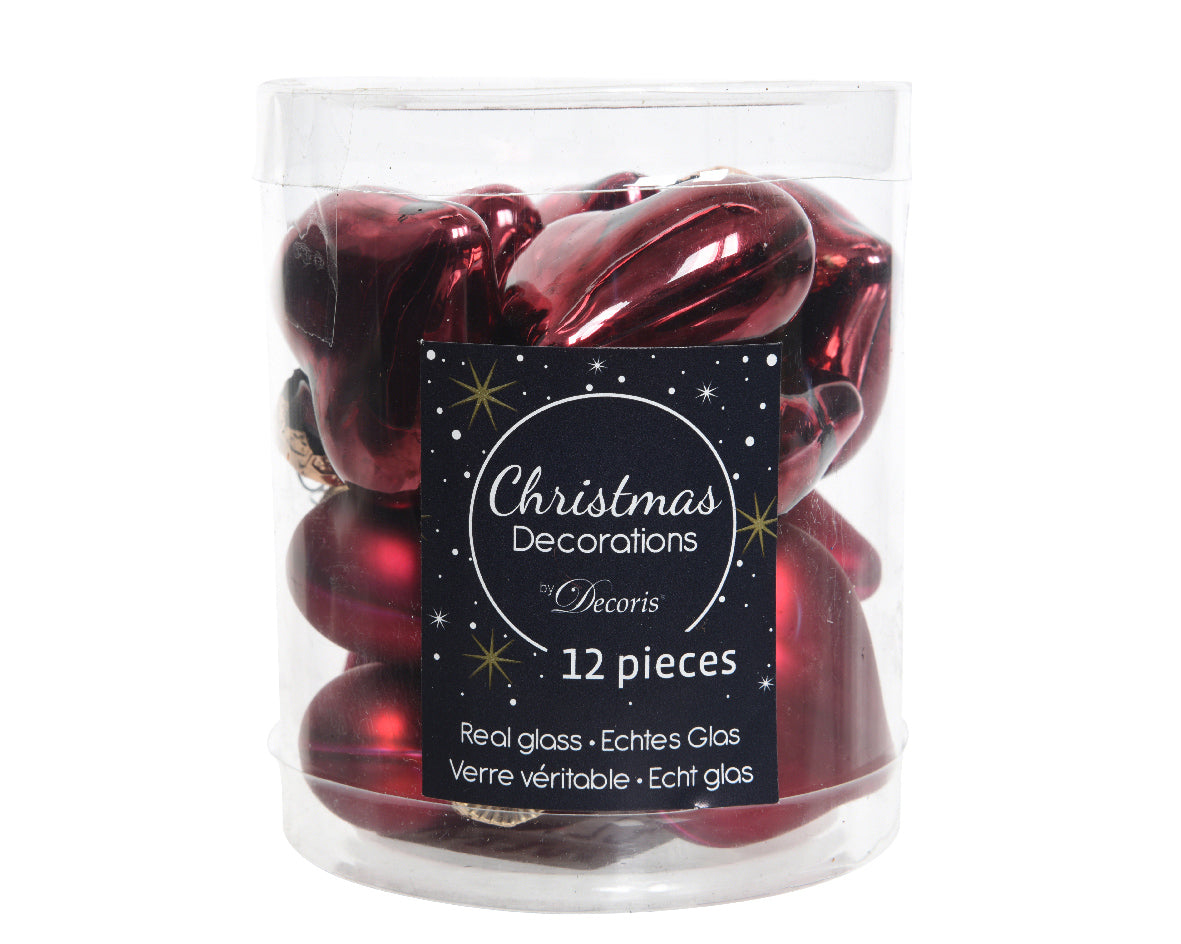 Red Heart Shaped Glass Baubles in Enamel and Matt Finish- Box of 12