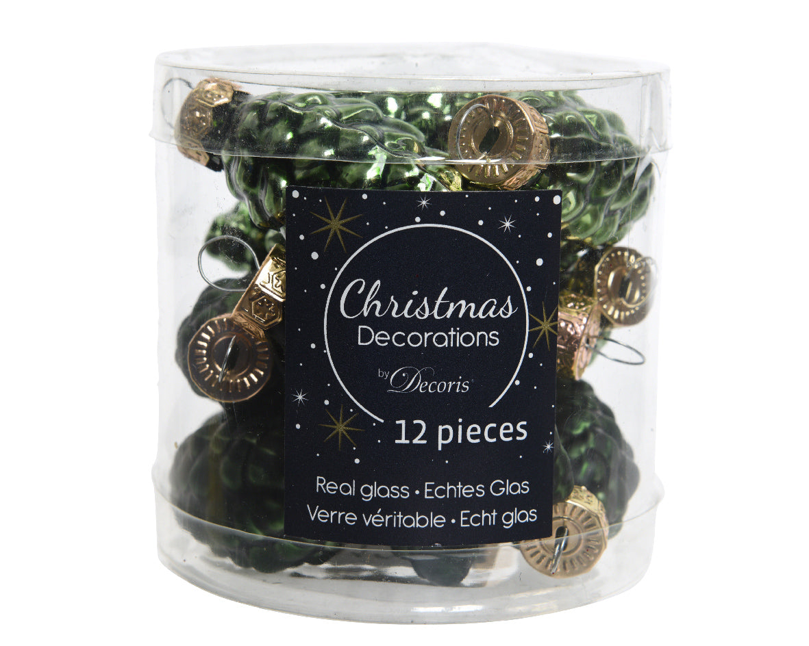 Pine Green Glass Pine Cones with Matt & Shiny Finish - Pack of 12