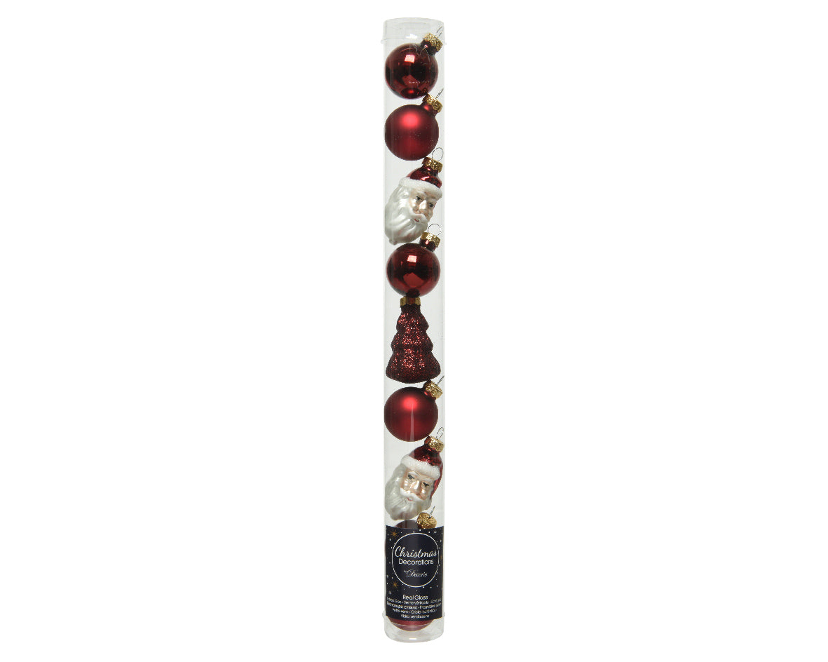 Oxblood Tube of 9 Mixed Santa Figure Small Baubles