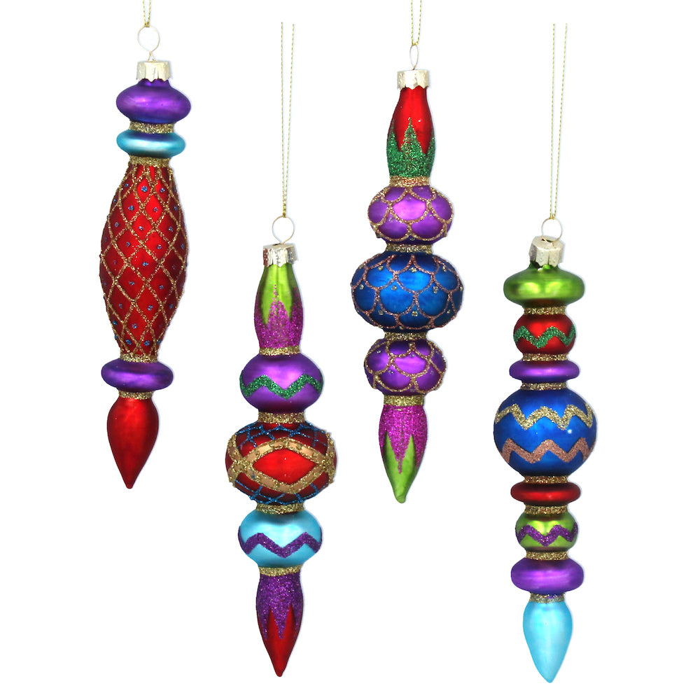 Gisela Graham - Painted Glass Multi Coloured Finial Christmas Tree Decorations / Bauble