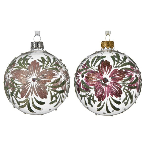 Glass Bauble with Glitter Flower Decoration