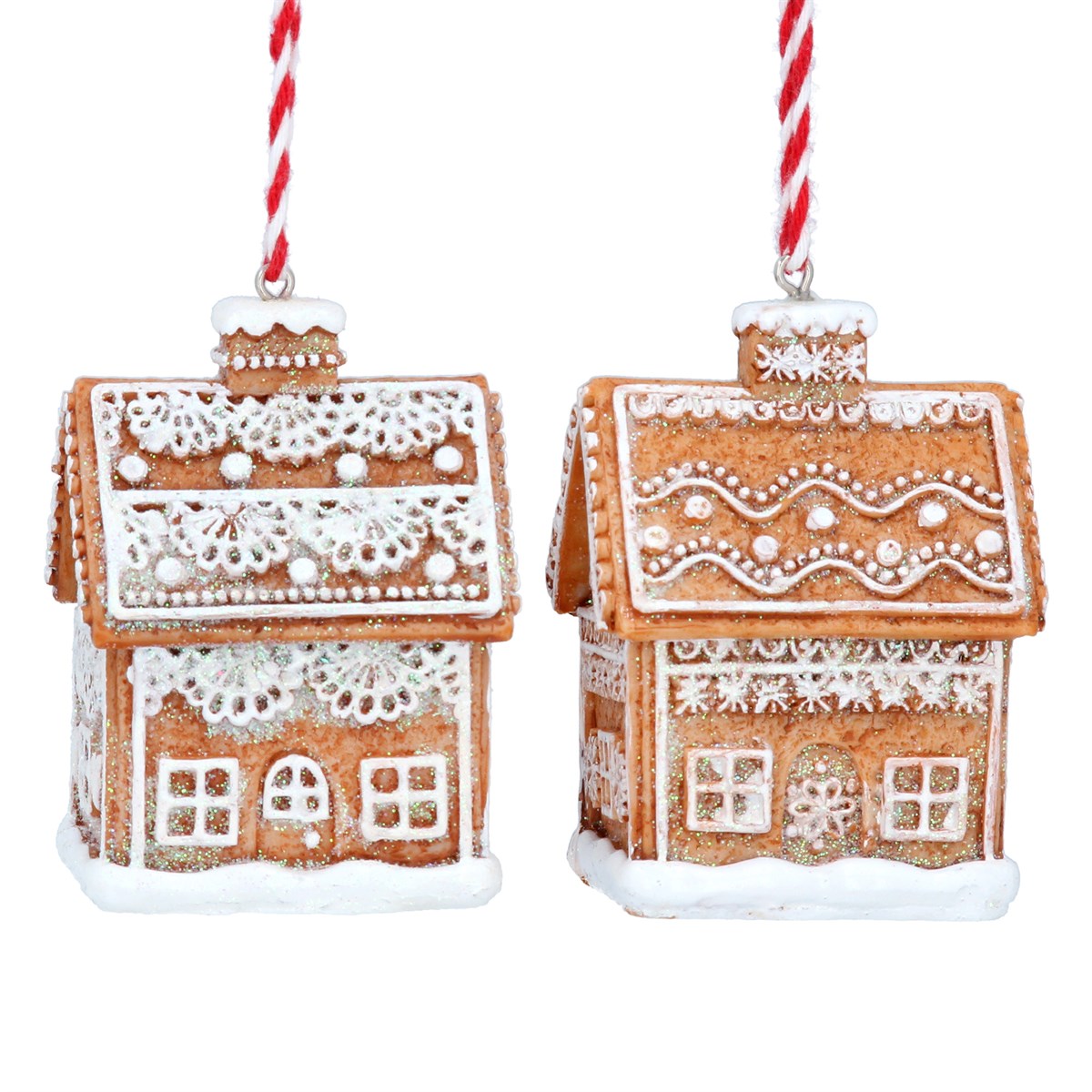 Gisela Graham- Resin Red White Gingerbread House 'Lace icing' 3D Tree Decoration with Candy Cane Ribbon