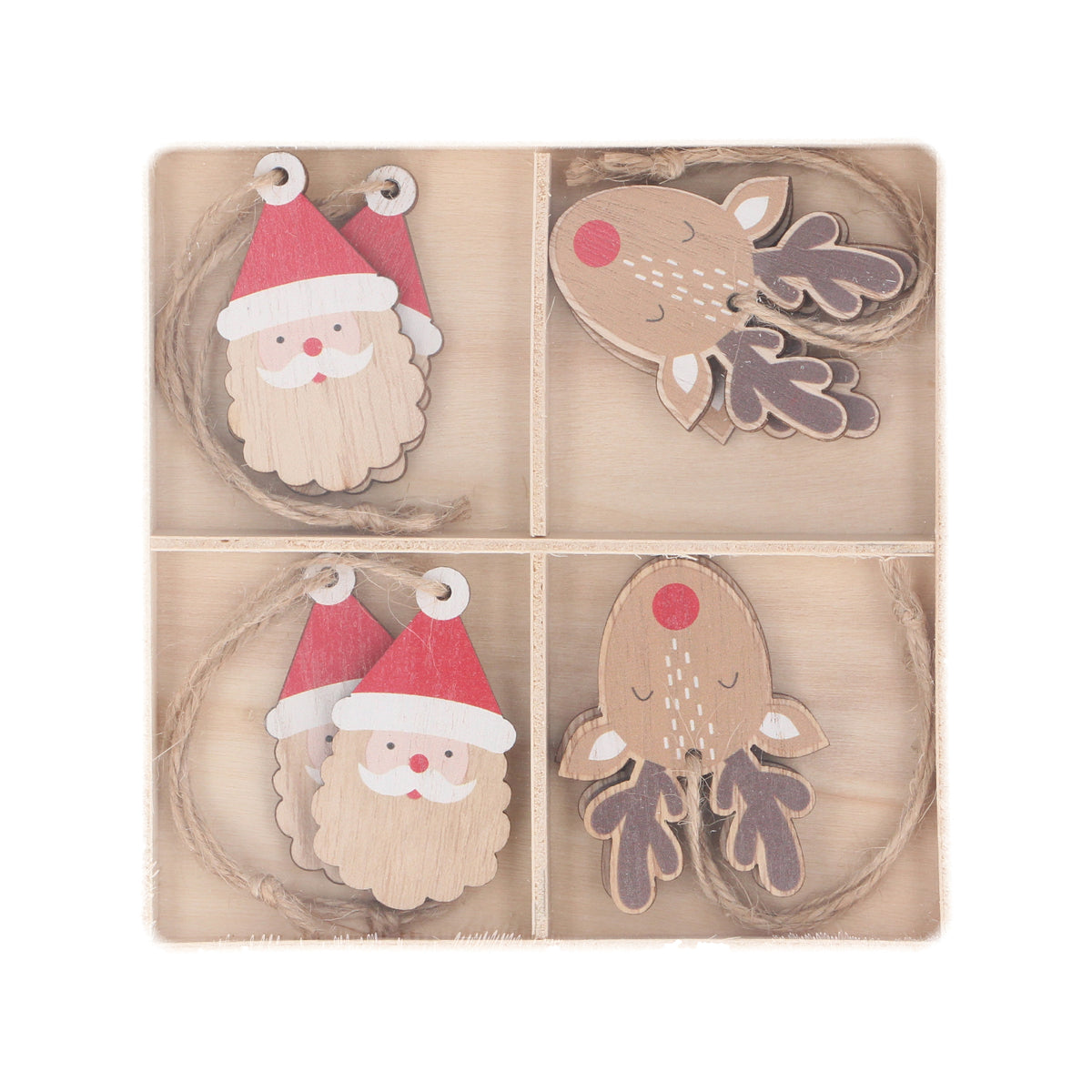 Gisela Graham - Wooden Santa/Reindeer Head Hanging Tree Decoration - Box of 8