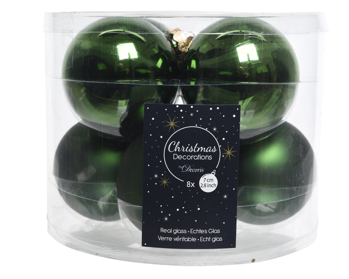 Pine Green Mixed Glass 7cm Baubles - Tube of 8