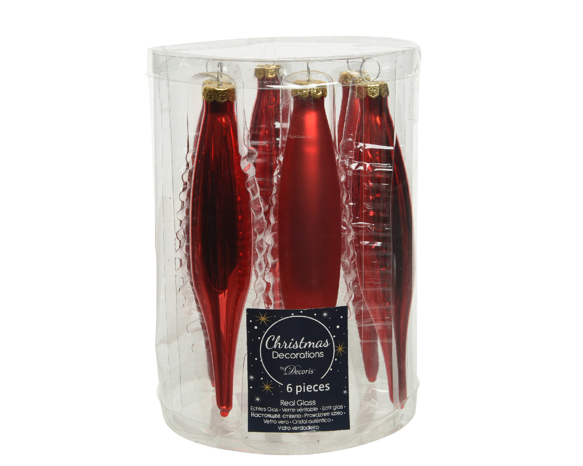 Christmas Red Hanging Glass Icicles - Tube of 6