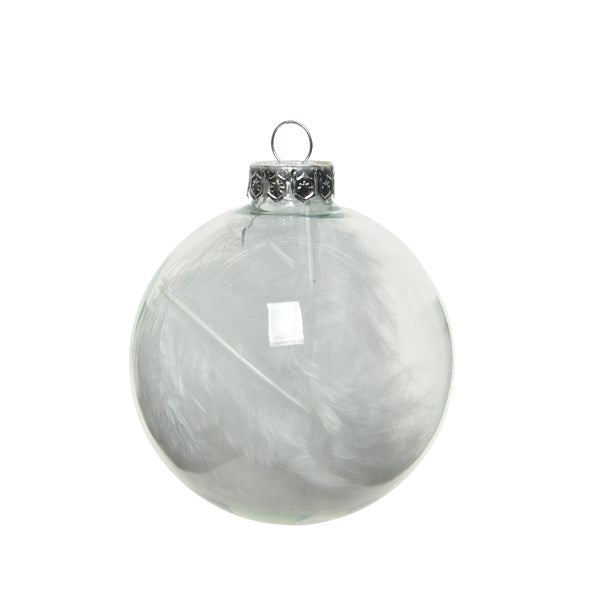 Clear Glass Baubles with Feathers Inside - 7cm - Pack of 4