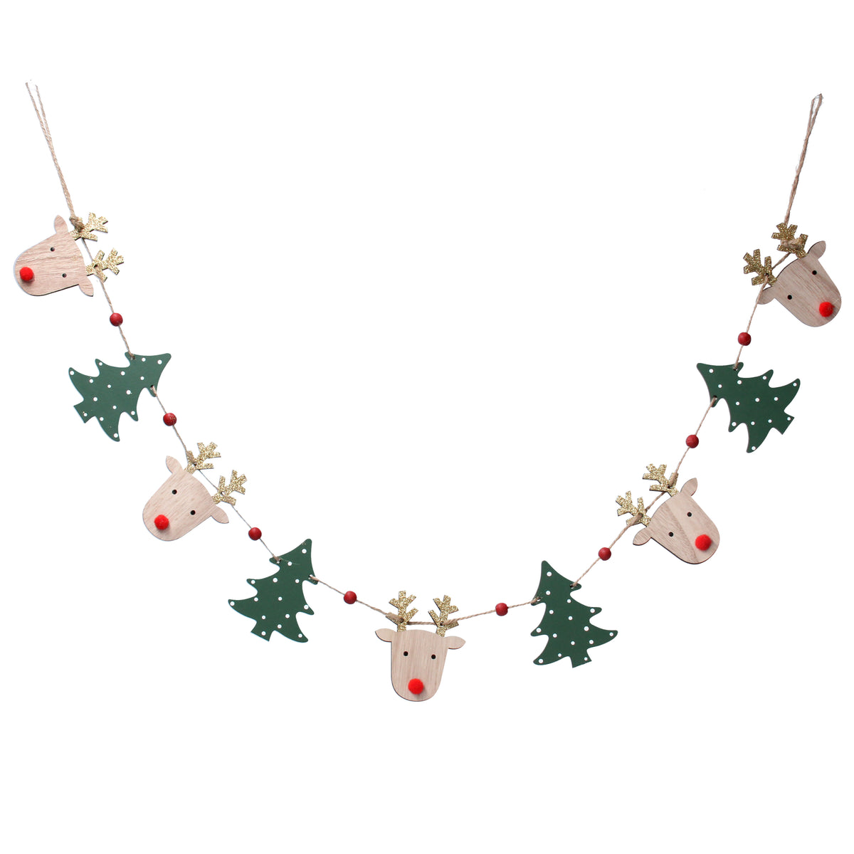 Gisela Graham - Wooden Deer Head & Christmas Trees String Garland - 120cm