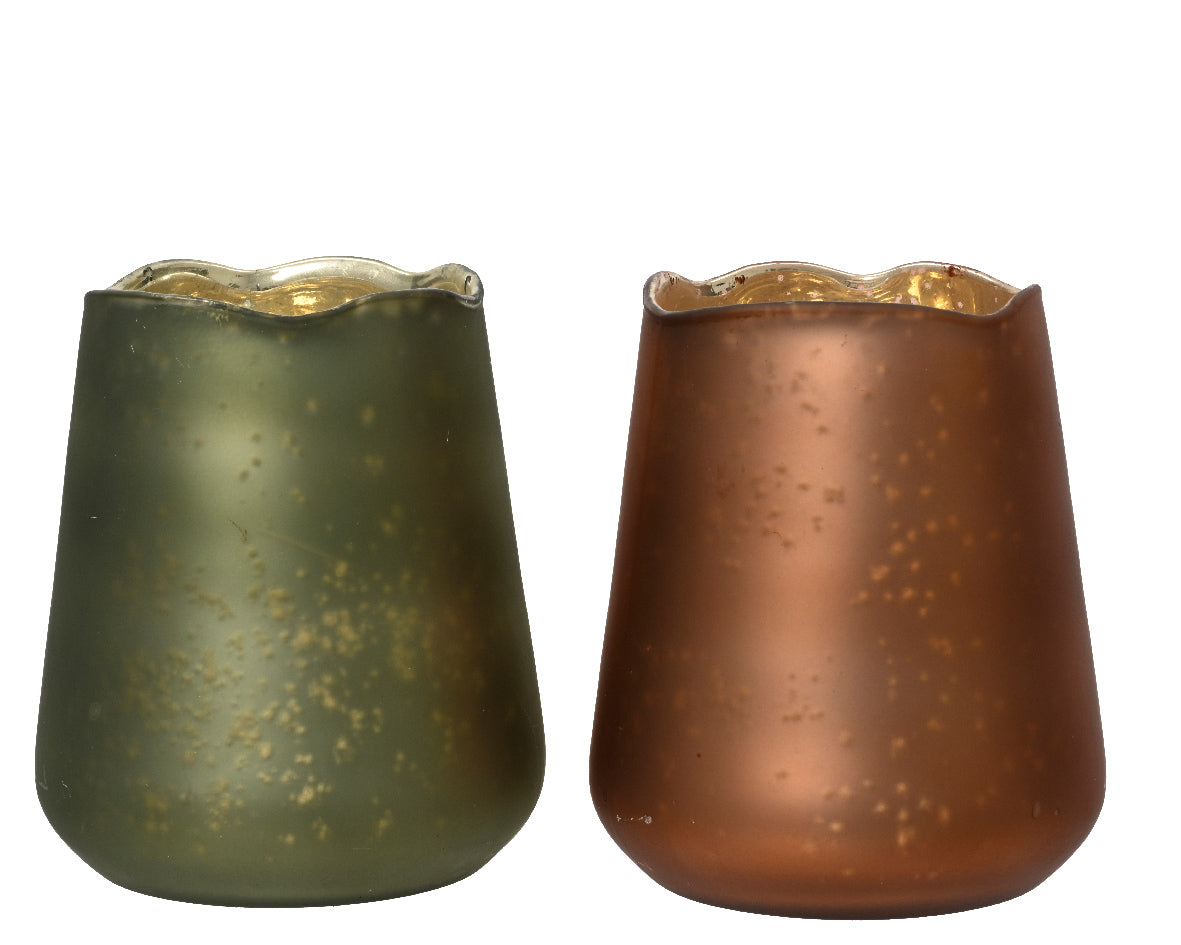 Woodland Glass Copper/Green Antique Speckled Tealight Holder - 9cm