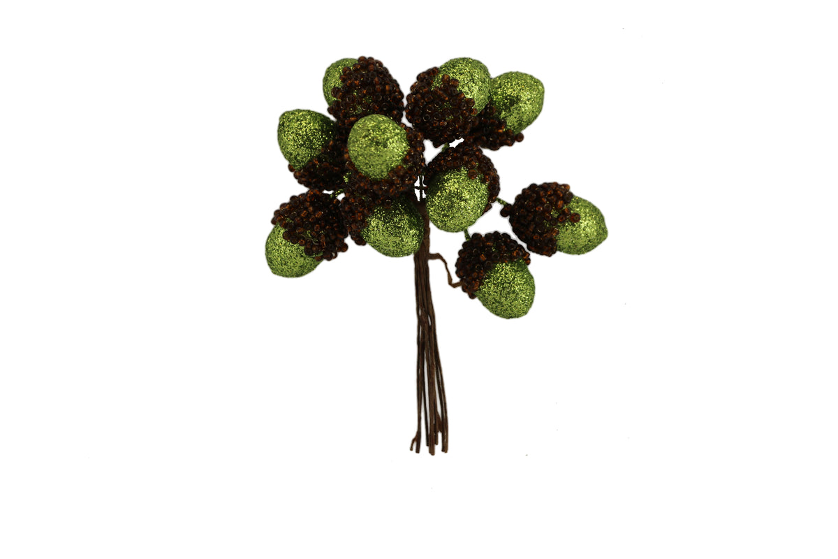 Gisela Graham - Green Glitter Acorn Pick Bunch - 11cm