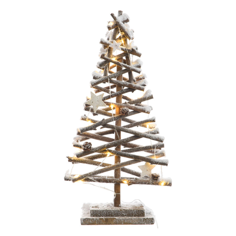 Micro LED Snowy Twig / Stick Tree in Brown Rattan Wood with Star Ornaments