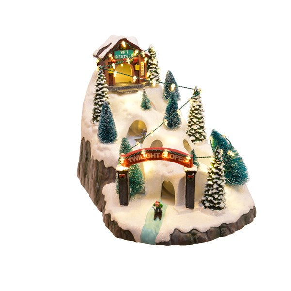 LED Snowy Moving Ski Christmas Village Scene - 34cm