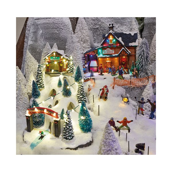 LED Snowy Moving Ski Christmas Village Scene - 34cm