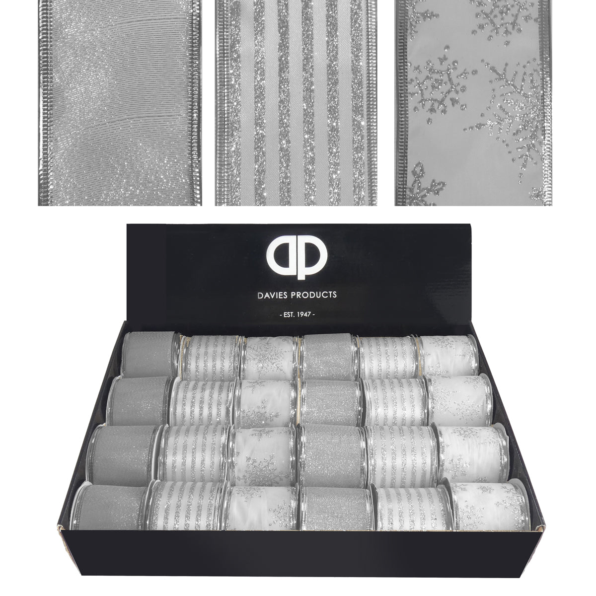 Silver Print Glitter Wire Ribbon - 2.7m Roll