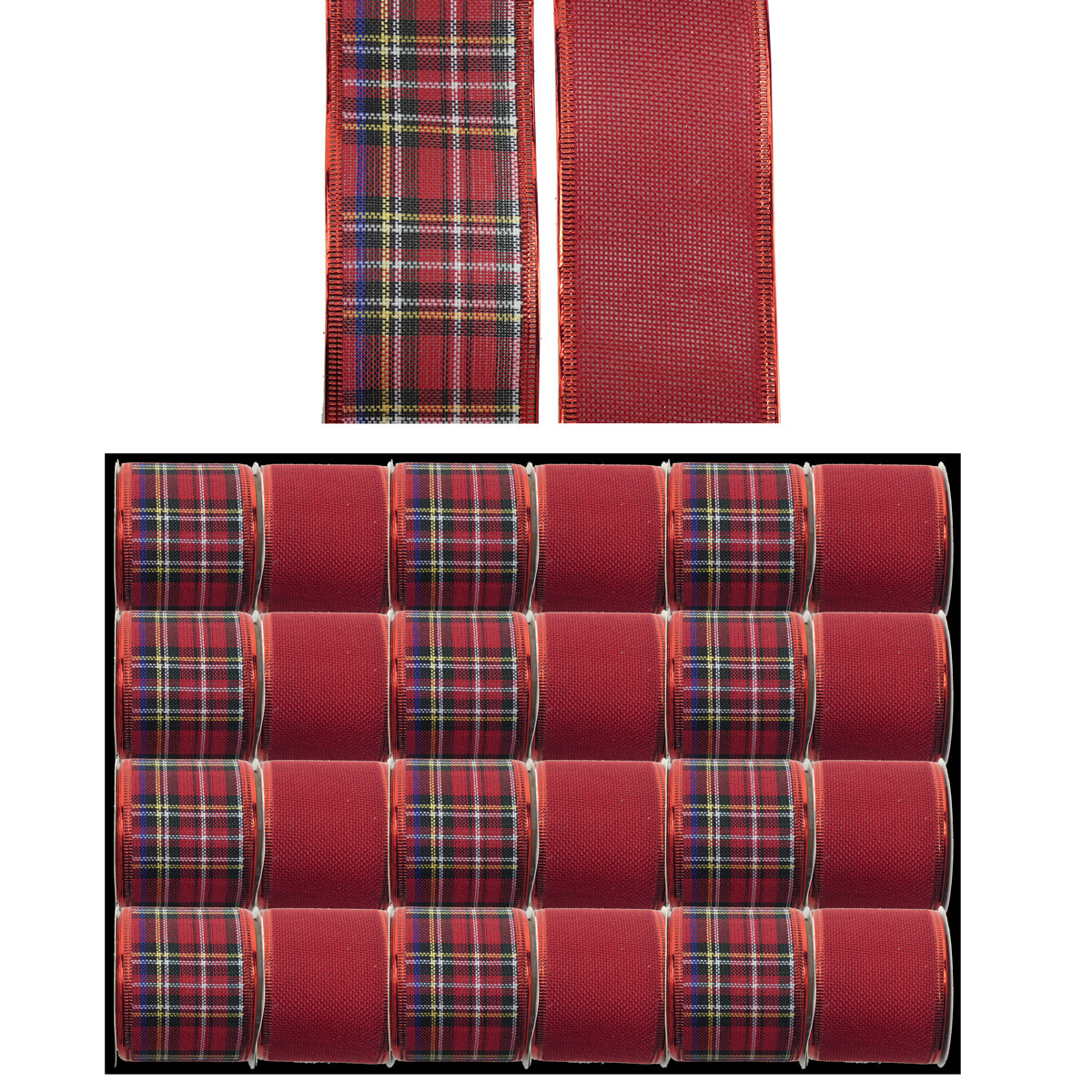 Wired Tartan or Red Linen Ribbon - 2.7m