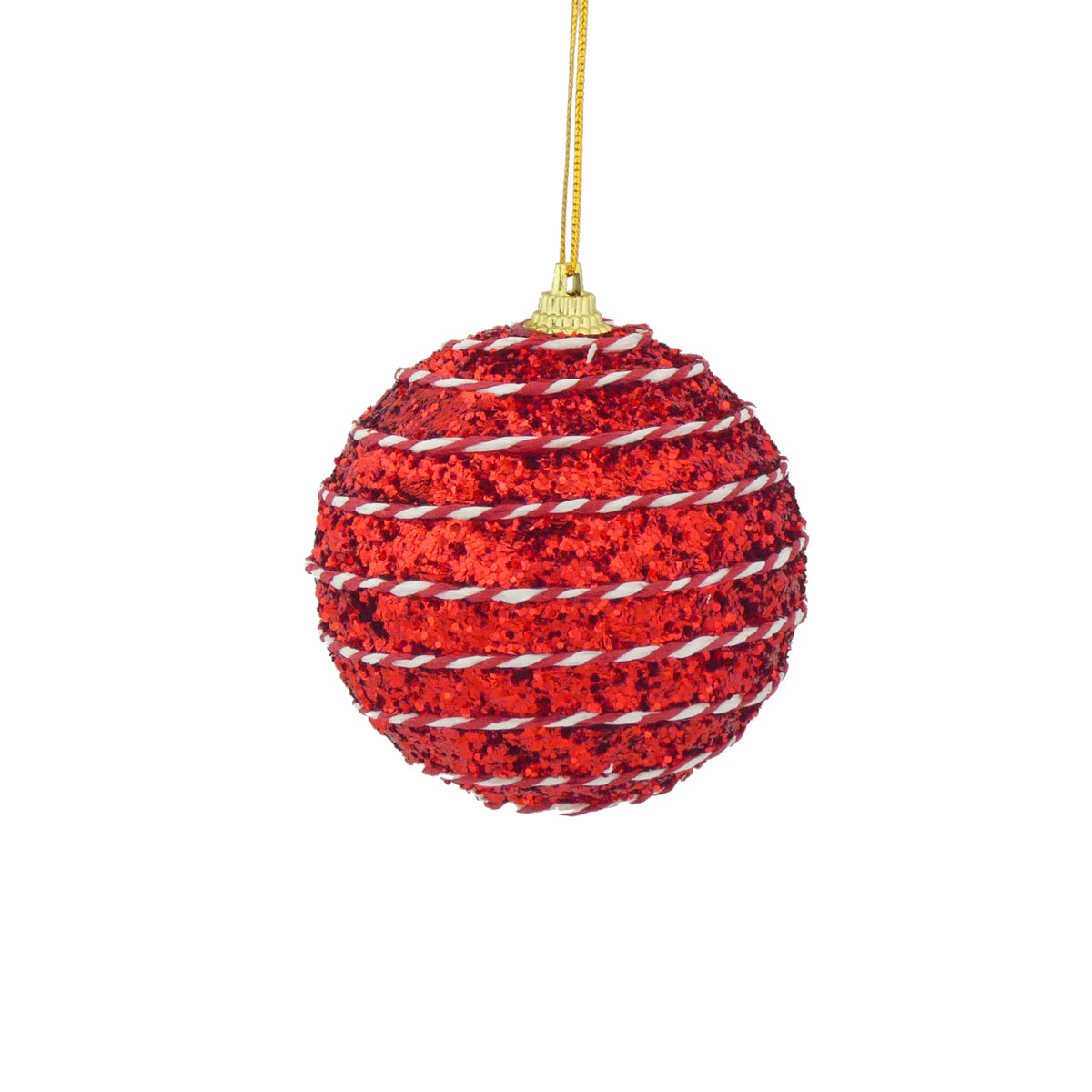 Red with Red & White Candy Cane String Glitter Bauble Tree Decoration