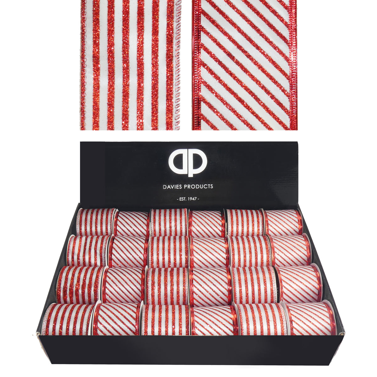 Red and White Candy Cane Wired Glitter Ribbon - 2.7m