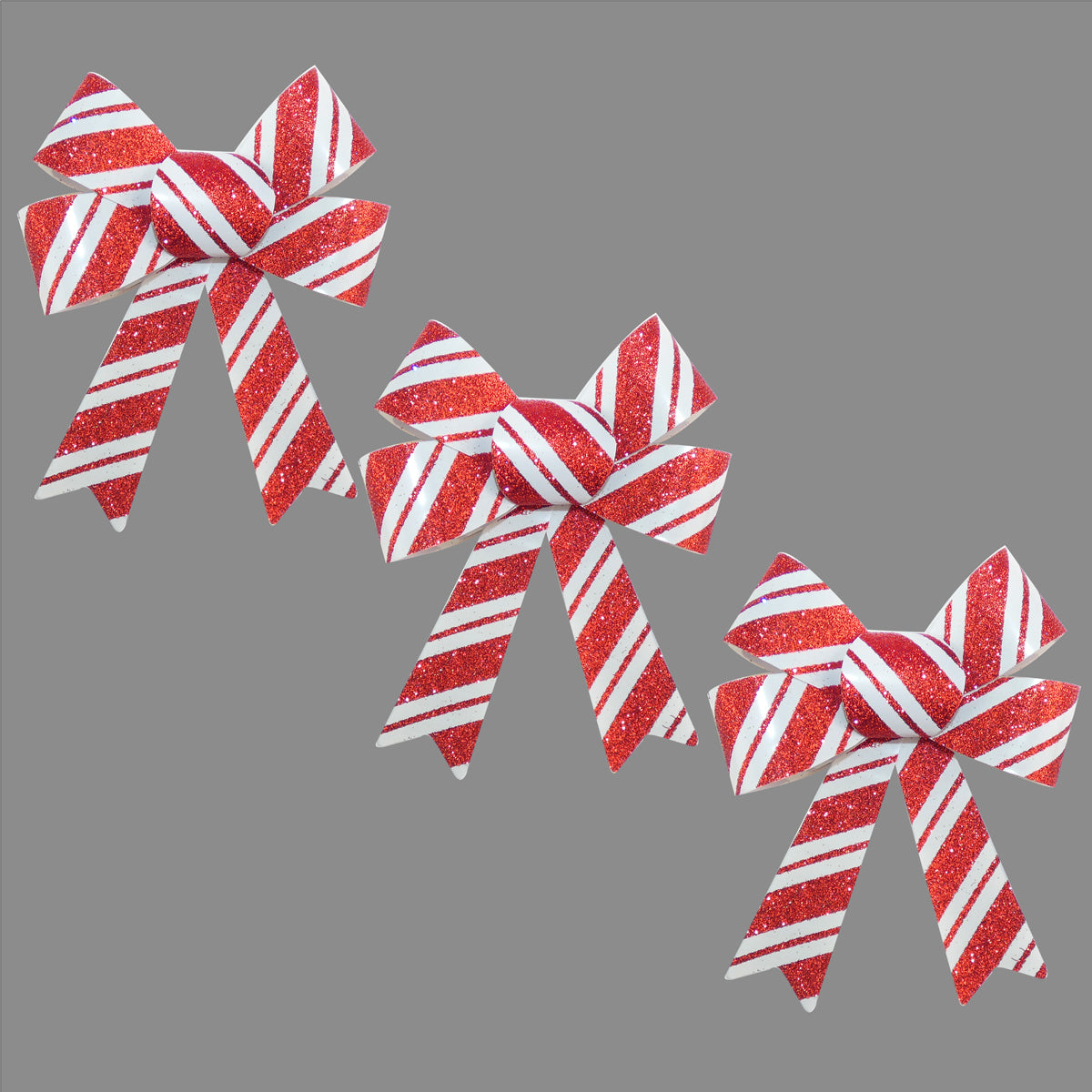 Red & White Candy Cane Glitter Bows / Ribbons - Pack of 3