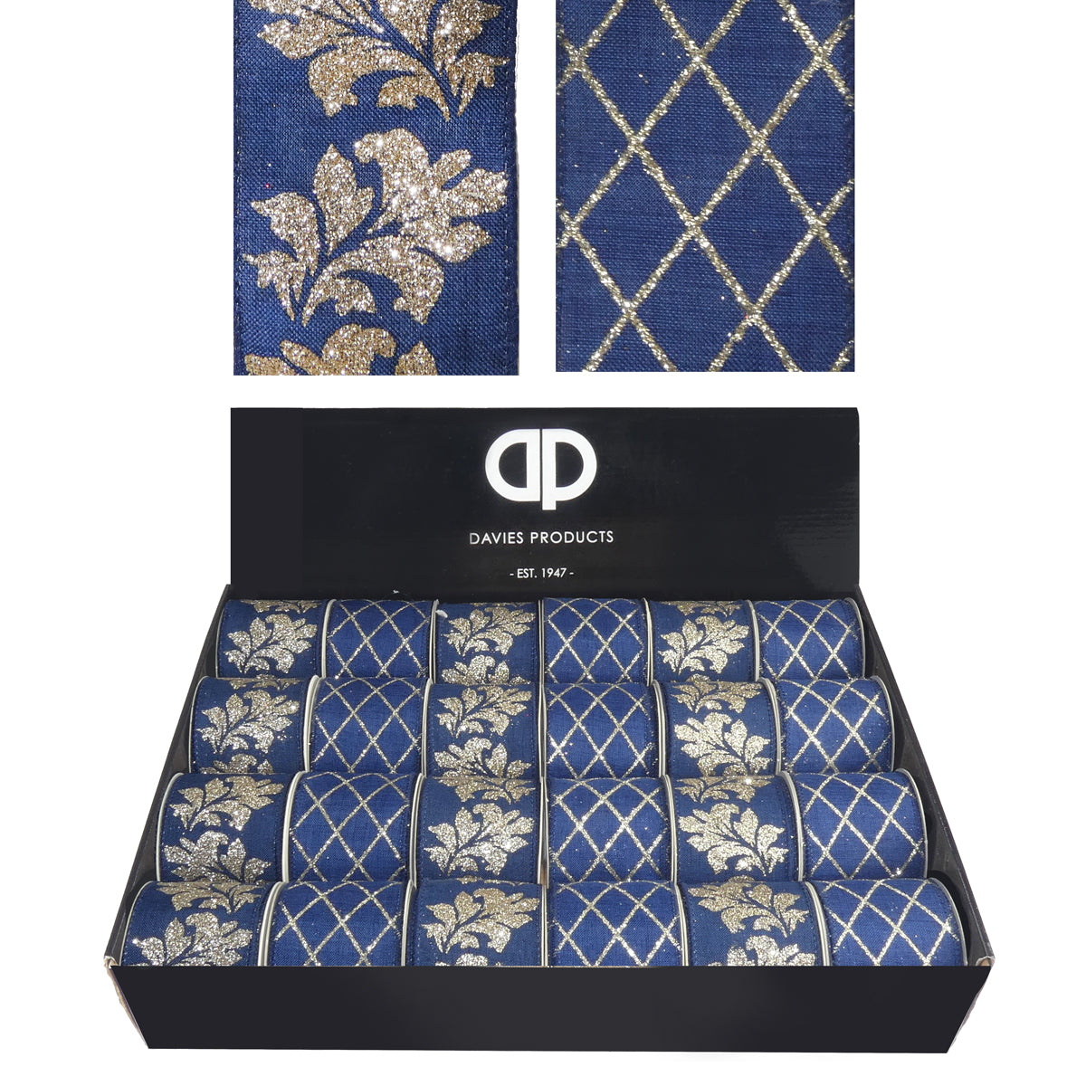 2.7m Natural Gold & Navy Blue Christmas Wired Ribbon