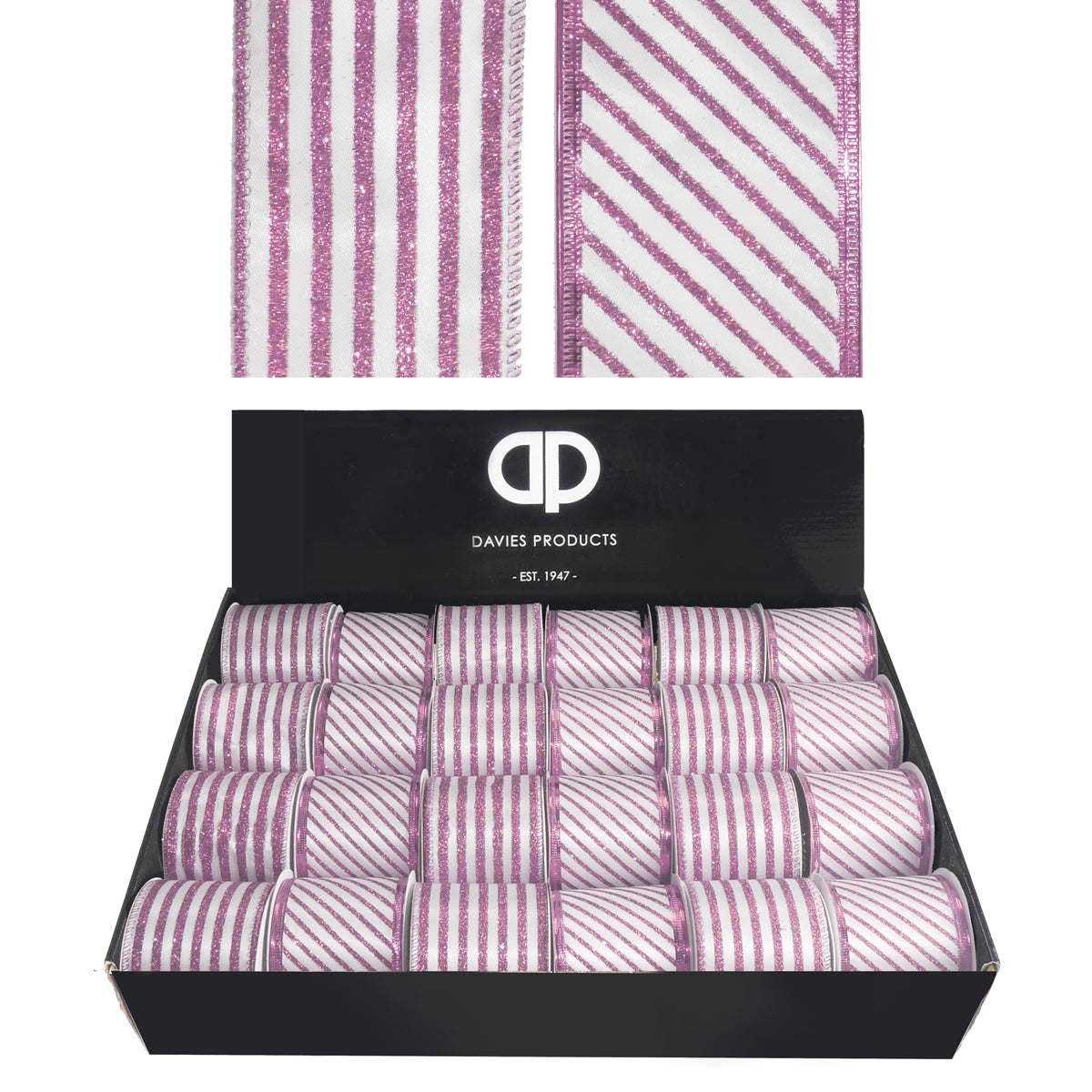 Pink and White Candy Cane Wired Glitter Ribbon - 2.7m