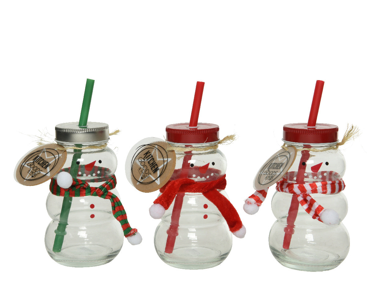 Glass Drinking Jar Christmas Snowman with Scarf & Straw