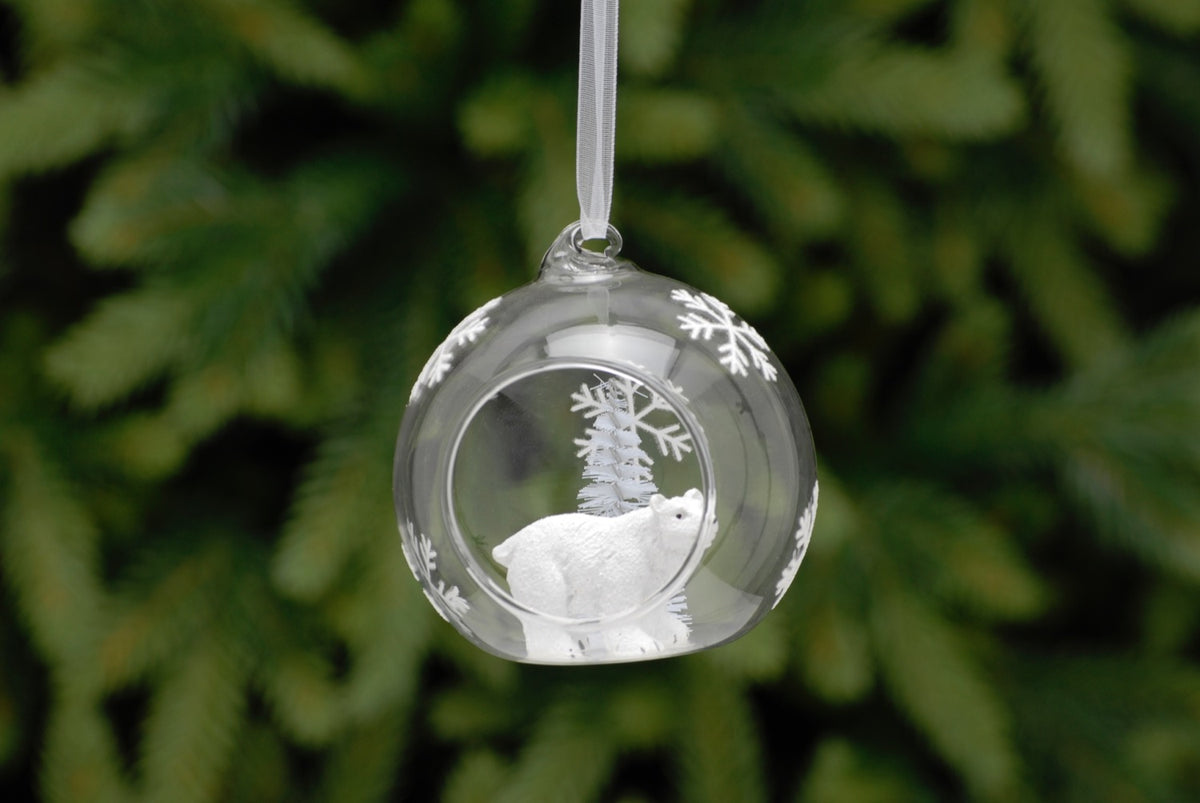 Clear Open Glass Ball Bauble with Snowflake Design and Polar Bear Inside - 8cm