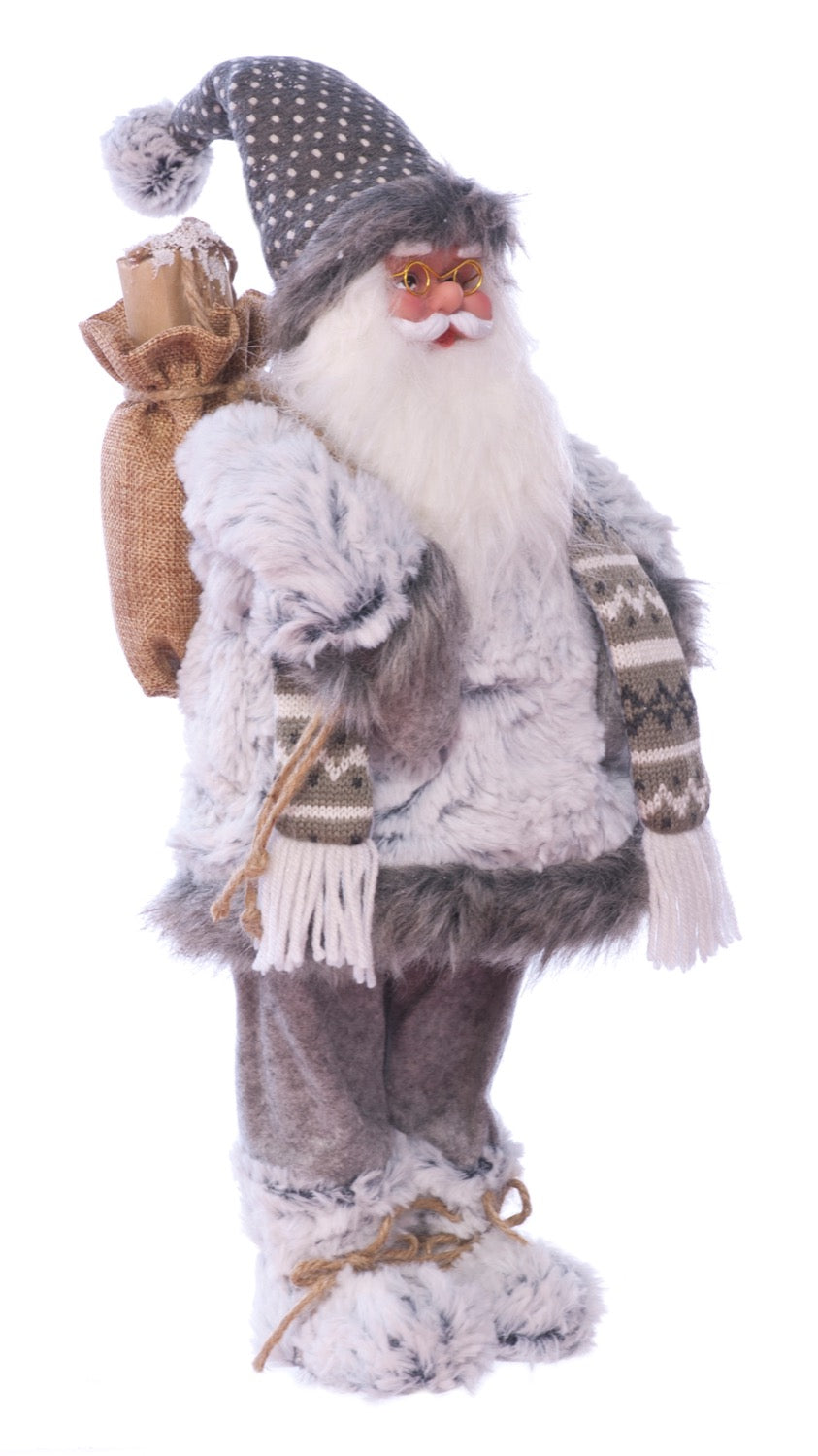 Fur Grey Standing Santa with Sack- 45cm