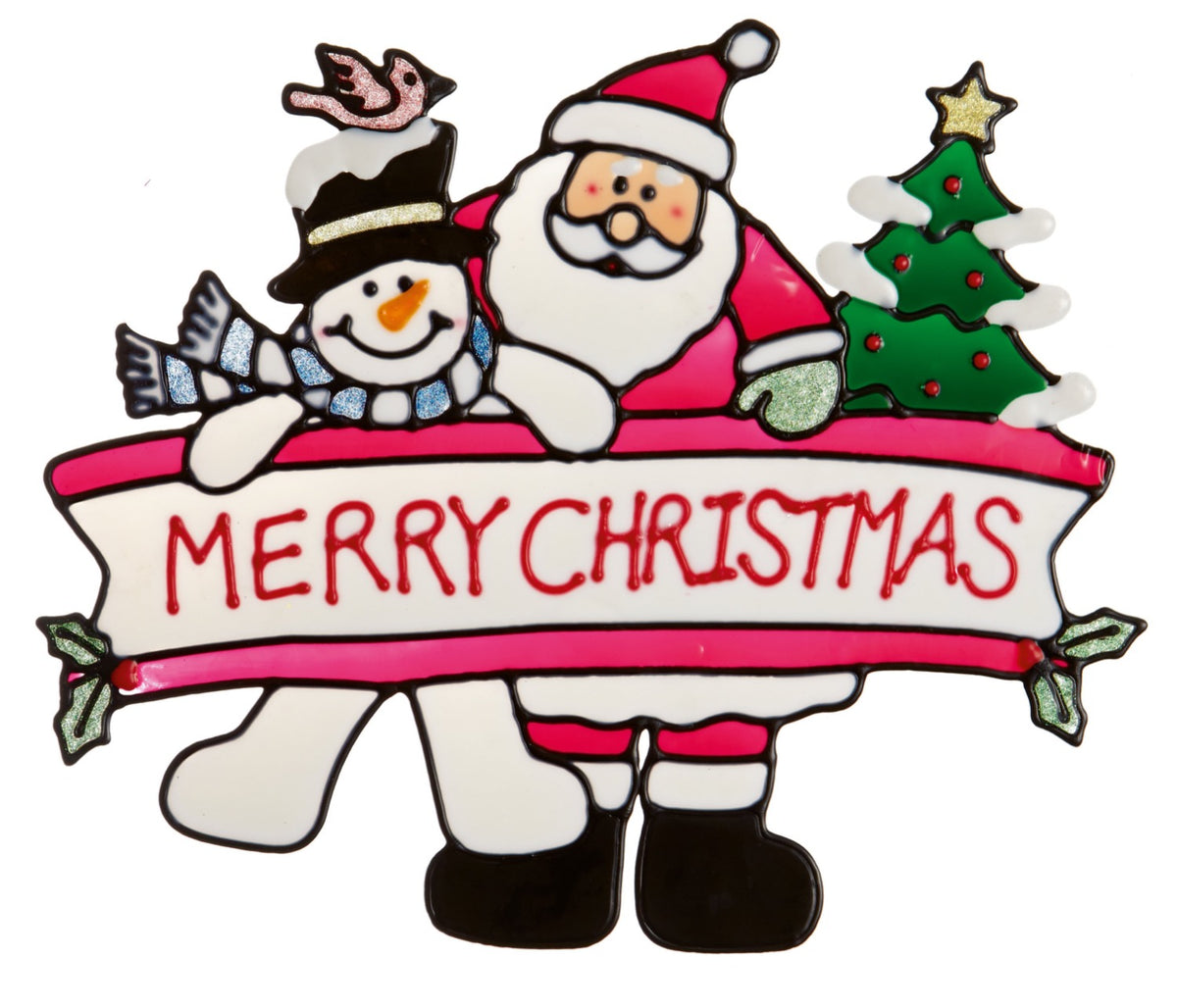 Large 38cm Colourful Santa with Snowman Window Cling Sticker