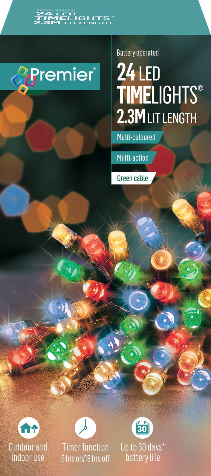 Battery Operated Multi Action Multi Coloured LED Timelights Green Cable