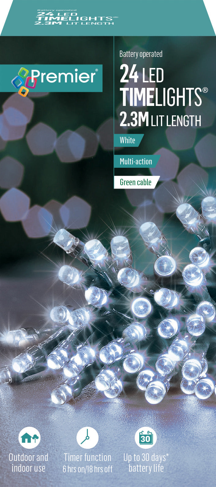 Battery Operated Multi Action Cold / Cool White LED Timelights Green Cable