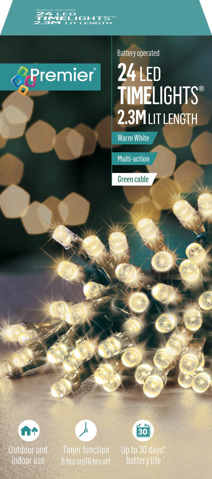 Battery Operated Multi Action Warm White LED String Time Lights Green Cable