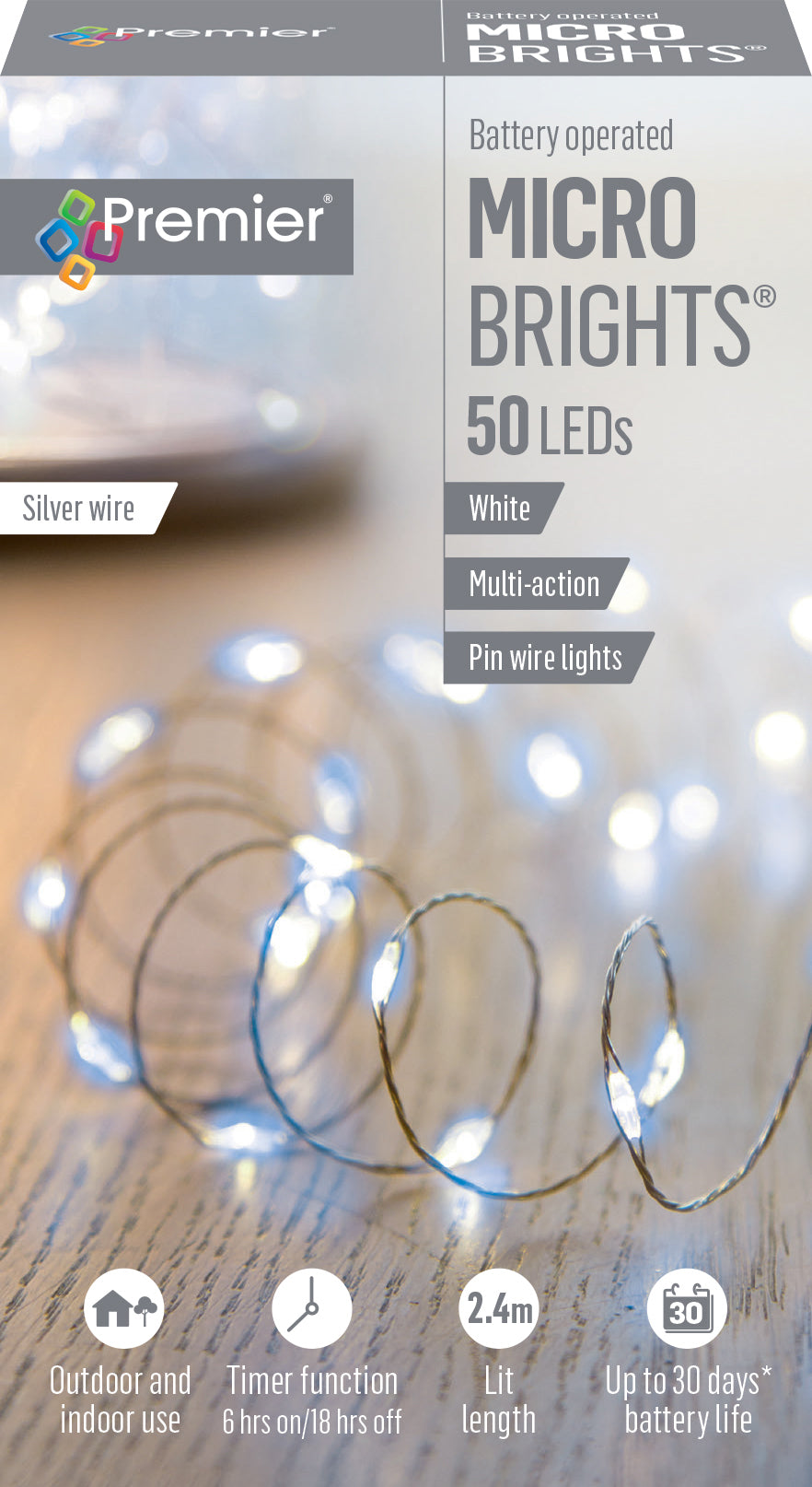 Battery Operated Cold / Cool / Bright White Multi Action Pin Wire Microbrights with Timer in
