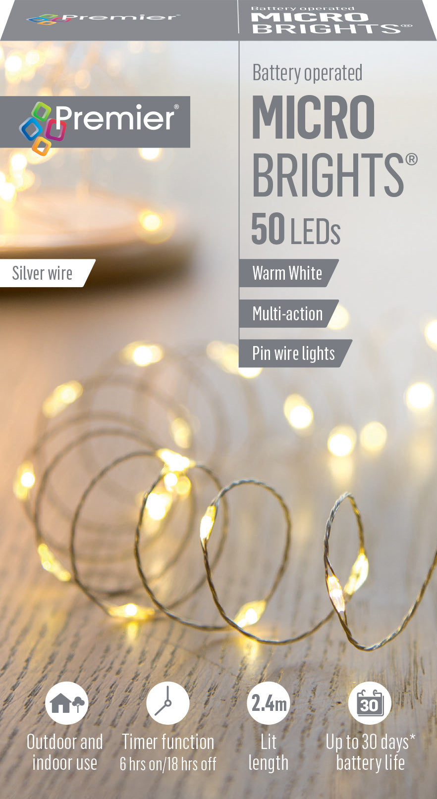 Battery Operated Warm White Multi Action Pin Wire Microbrights with Timer