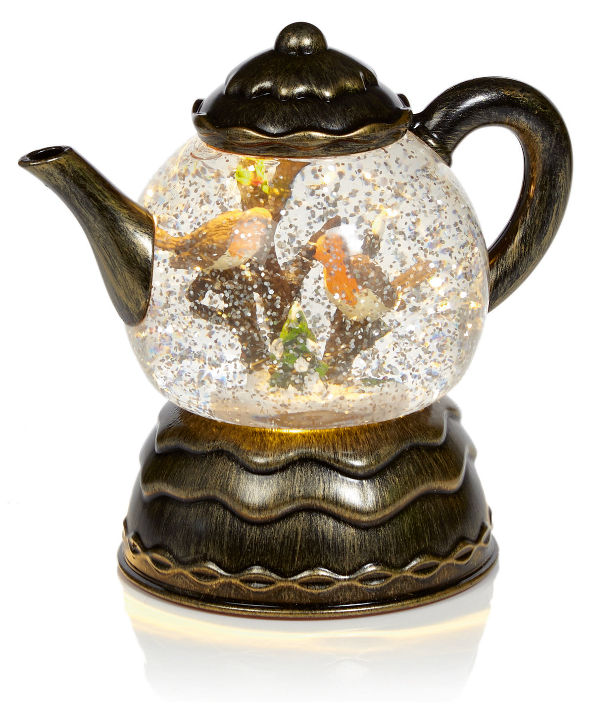 Teapot LED Glitter Water Spinner with Robin Scene