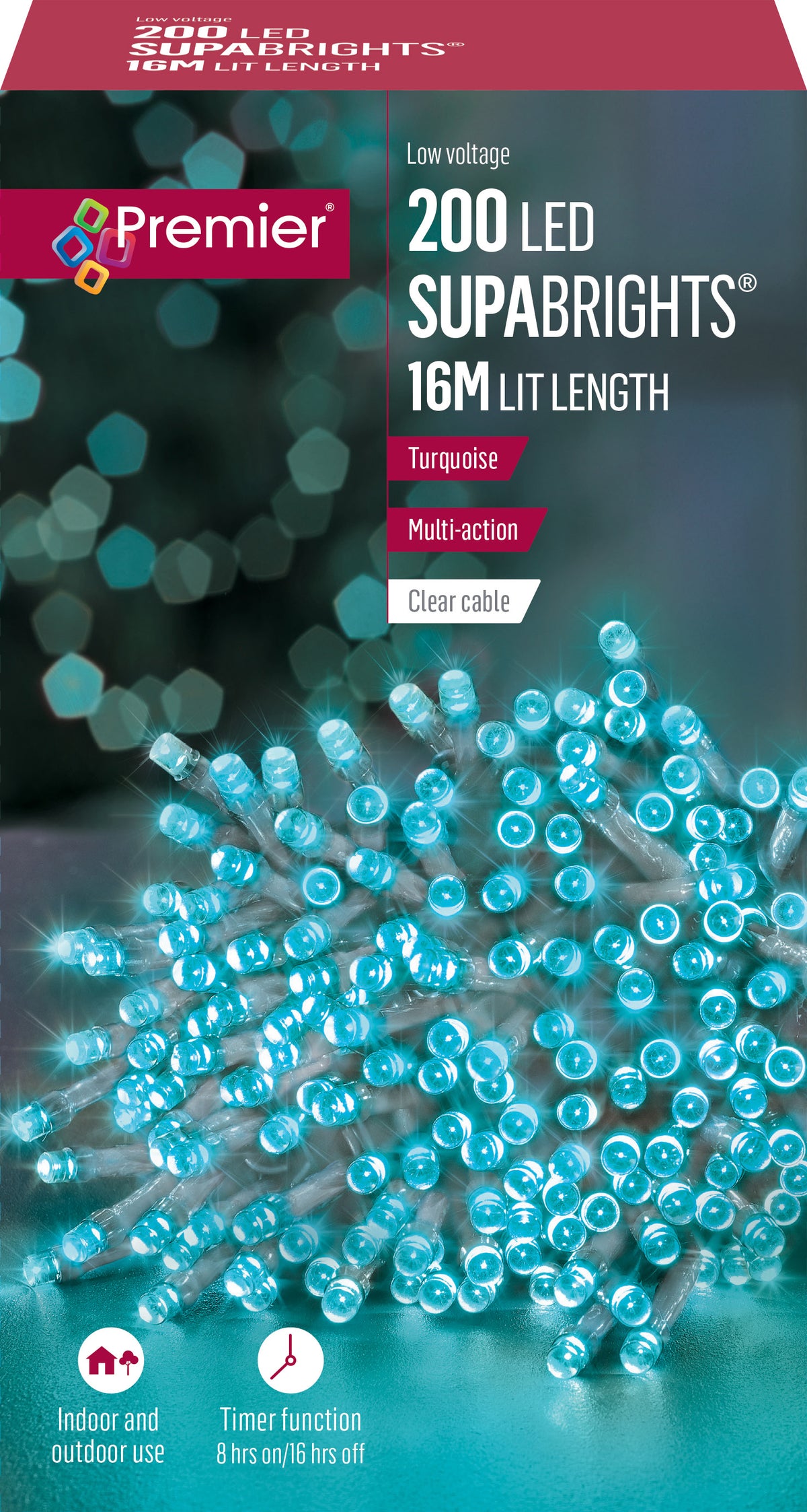 Premier - 200 Turquoise LED Multi Action SupaBrights with Clear Cable and Timer