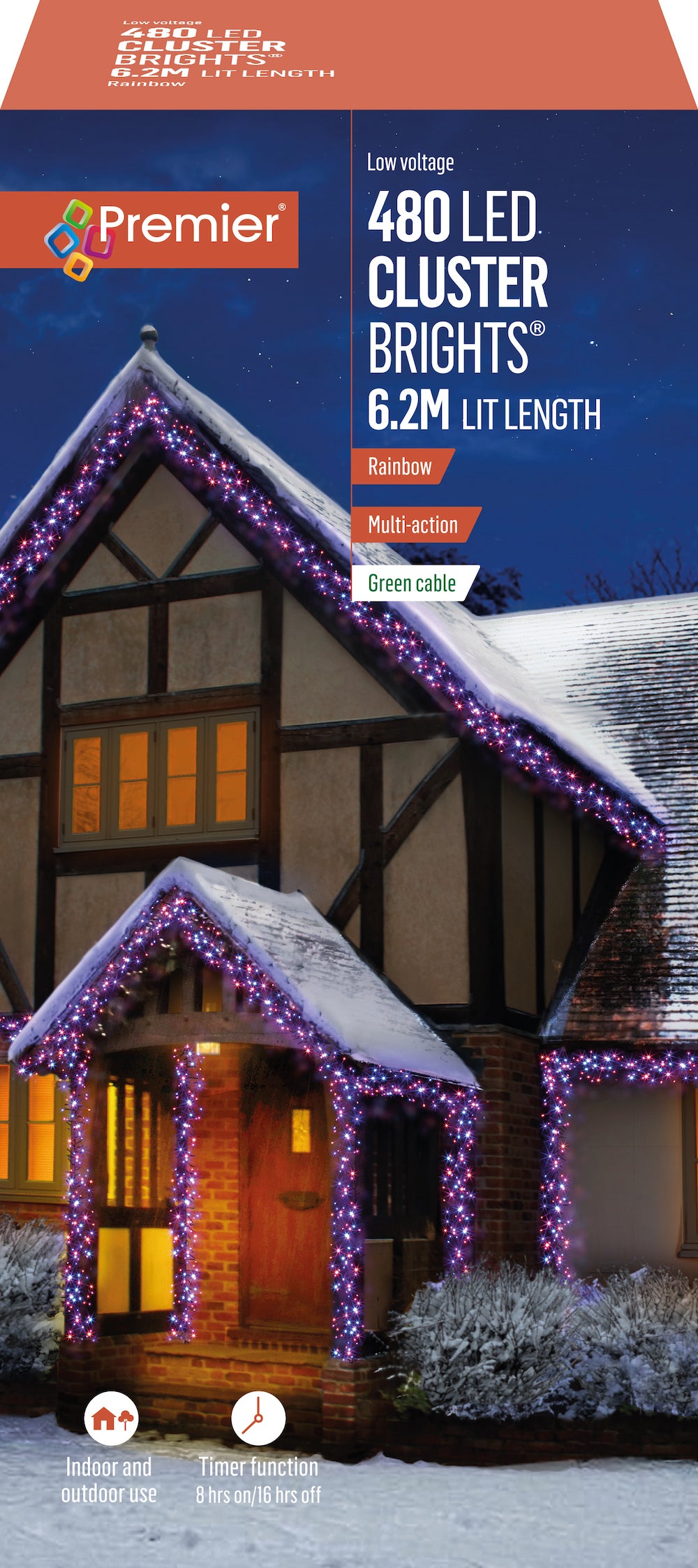Premier - Rainbow - Purple, Pink, Turquoise & Orange LED Multi Action Christmas Cluster Lights Cluster Brights