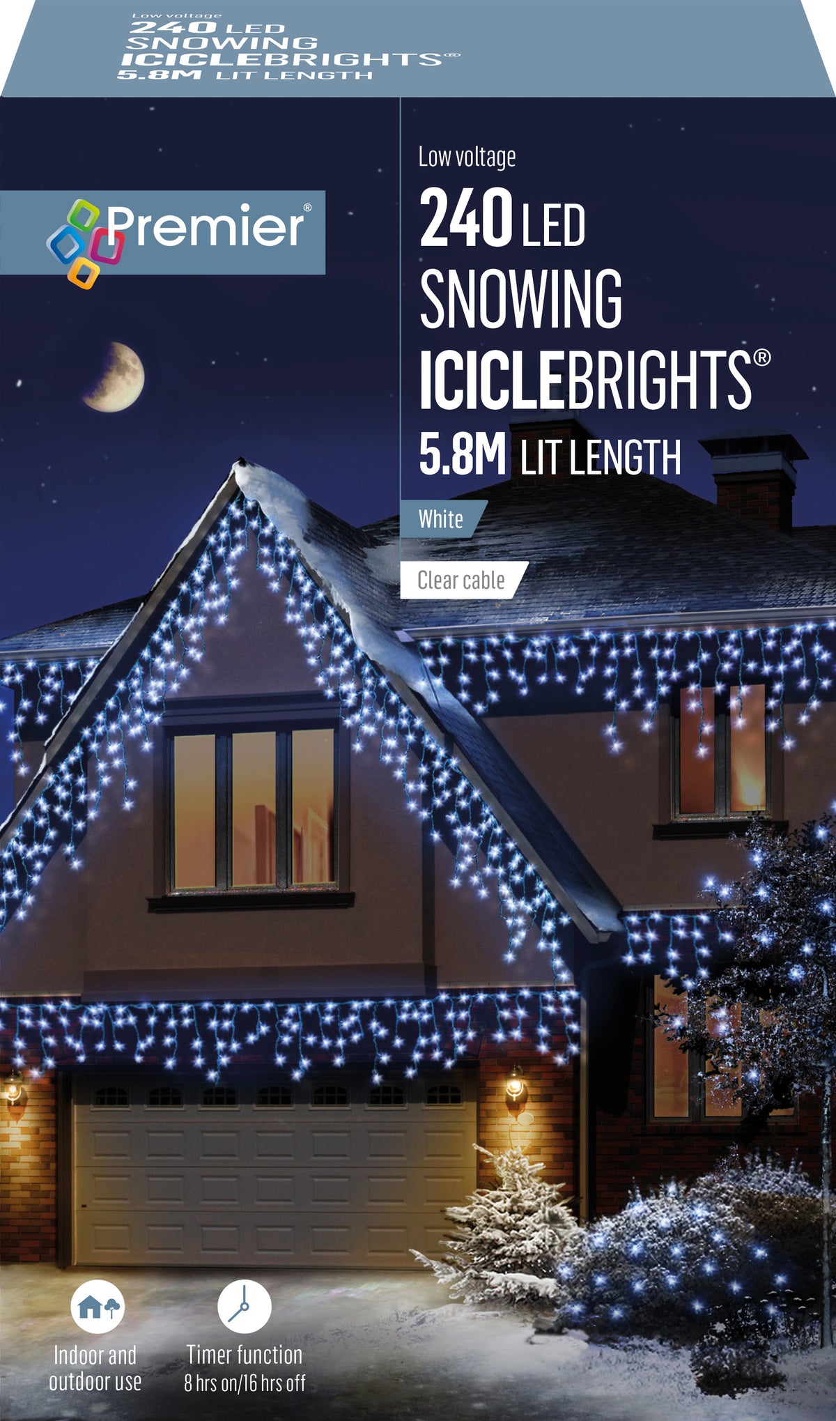 Premier - Cold / Cool White Snowing Iciclebrights Icicle Lights with Timer & Multi Action on